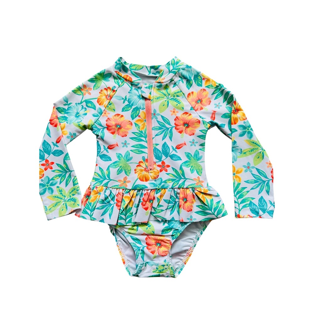 Little‎ Me Tropical Hibiscus Rash Guard One Piece Swimsuit Floral Peplum 24M